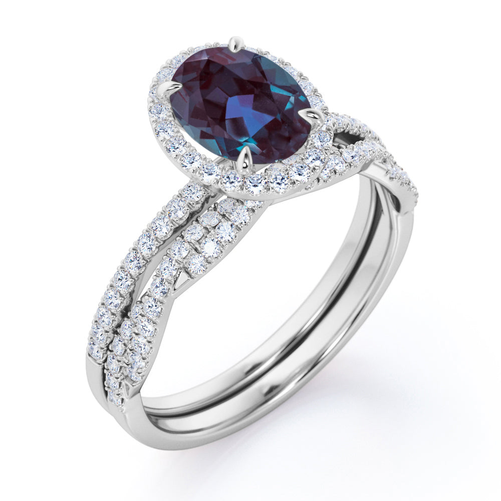 Exquisite 1.75 carat Oval cut Synthetic Alexandrite and diamond Engagement ring with half-infinity wedding band in White gold-Bridal set