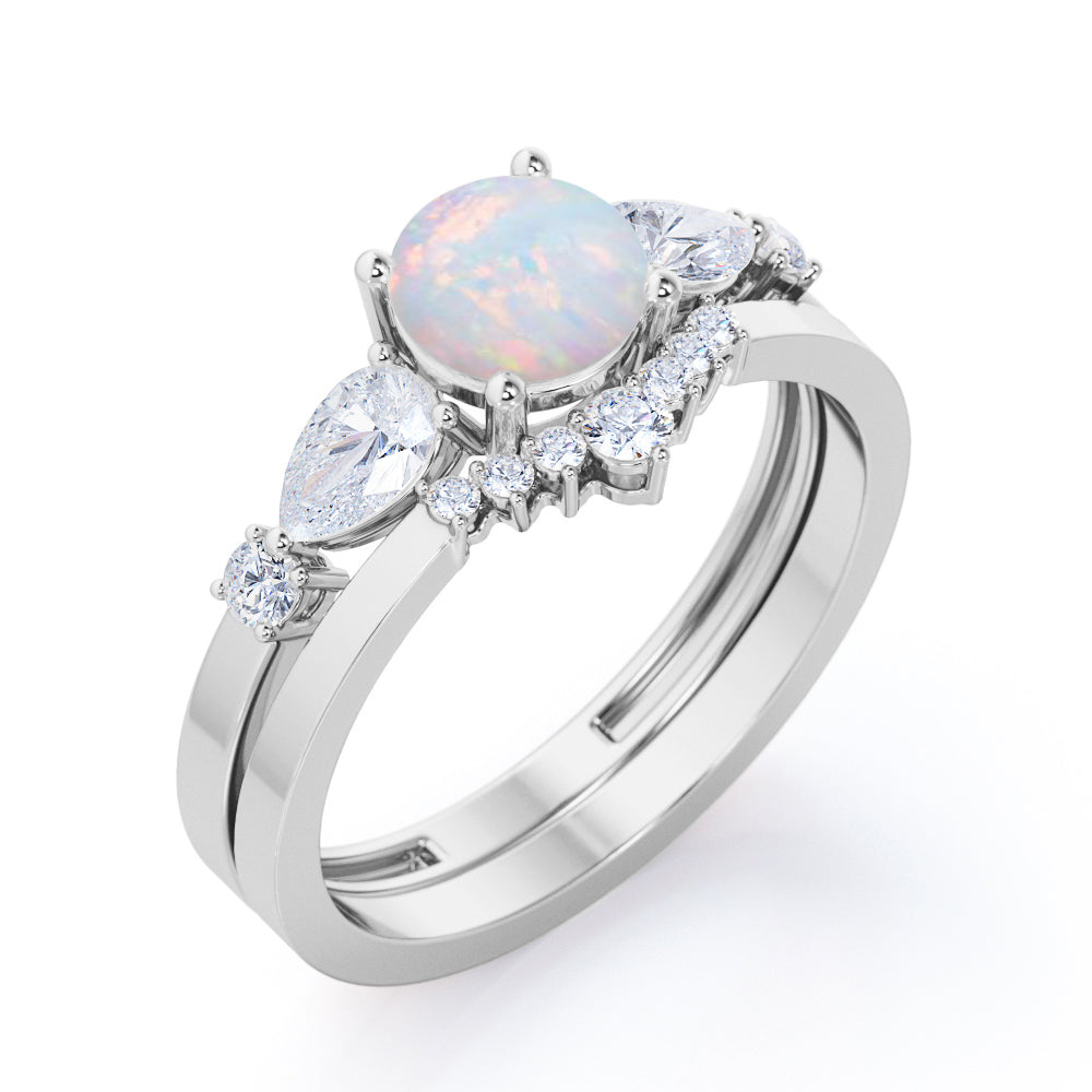 Tiara style 1.4 carat Round cut Opal and diamond beveled shank ring in White gold- Engagement ring for women
