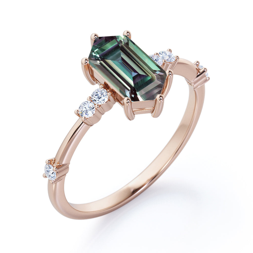 Asymmetric Prong 1.1 carat Hexagon shaped Alexandrite and diamond engagement ring for women in White gold