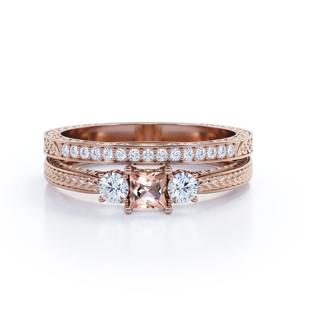 Eccentric Trilogy 1.35 carat Princess cut Pink Morganite and round pave diamond Filigree engraved-Bridal set for women