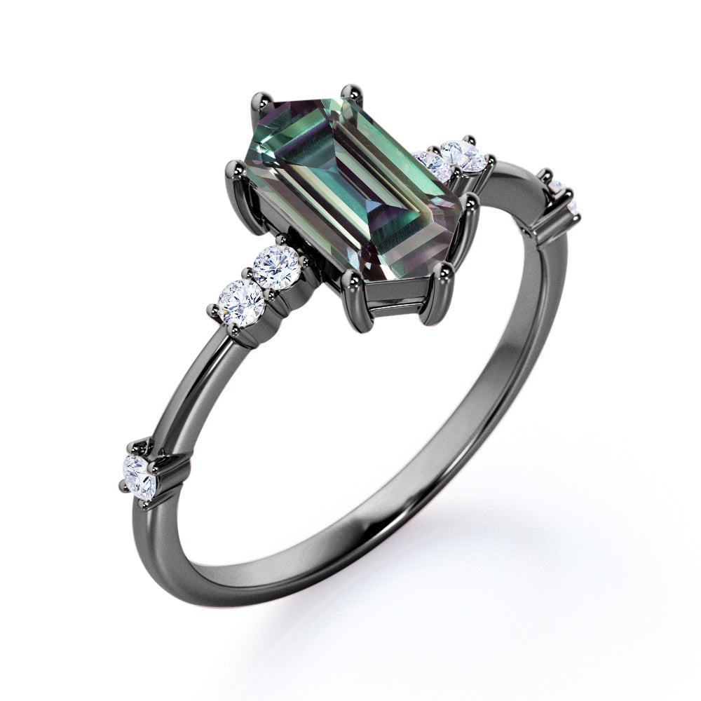 Asymmetric Prong 1.1 carat Hexagon shaped Alexandrite and diamond engagement ring for women in White gold