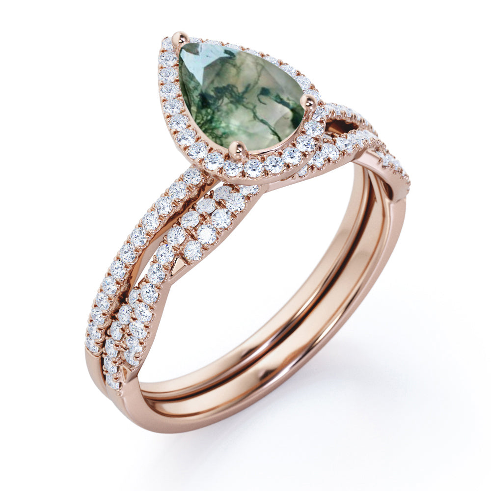 Exquisite Artdeco 1.75 carat Pear cut Moss Green Agate and diamond Half-infinity Bridal set in gold