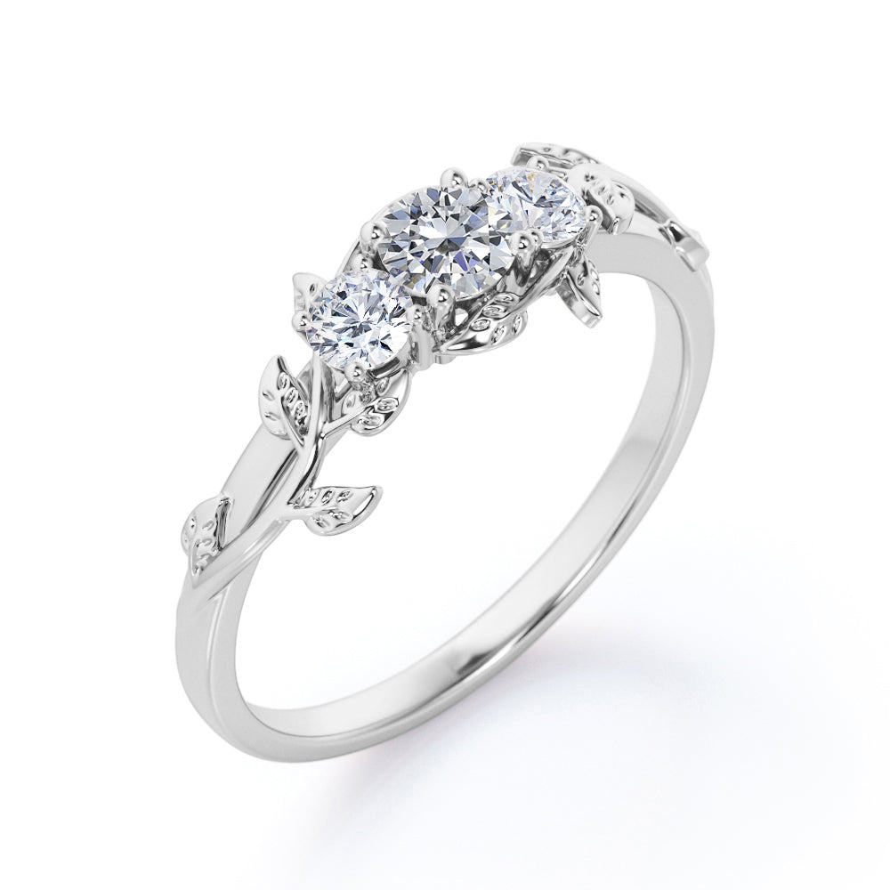 Eccentric Vine and leaf 1.1 carat round cut Moissanite and diamond 3 stone flower ring in White gold- Engagement ring