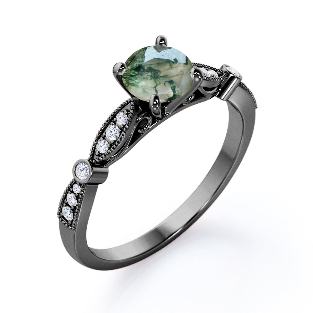 Art deco Cathedral 1.2 carat Round cut Moss Green Agate and diamond bead décor engagement ring in Rose gold
