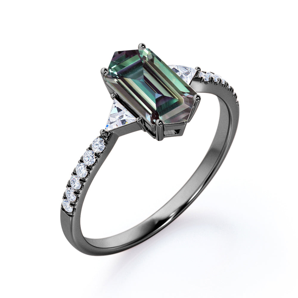 Pave three stone1.25 carat Hexagon shaped Synthetic Alexandrite and diamond trillion engagement ring in White gold