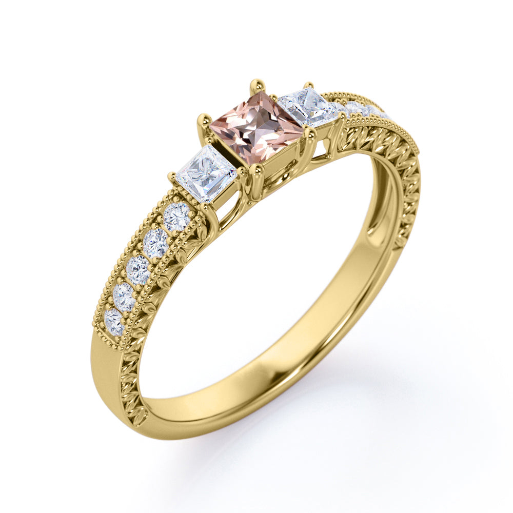 Petite Milgrain 0.75 carat Princess cut Morganite and diamond 3 stone engagement ring in White gold