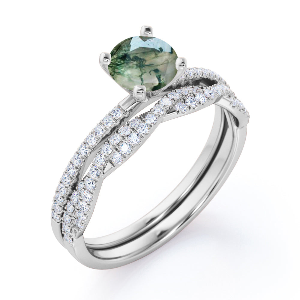 Elegant 1.50 carat Round cut 4 Prong Moss Green Agate and diamond Infinity Wedding ring set in White gold