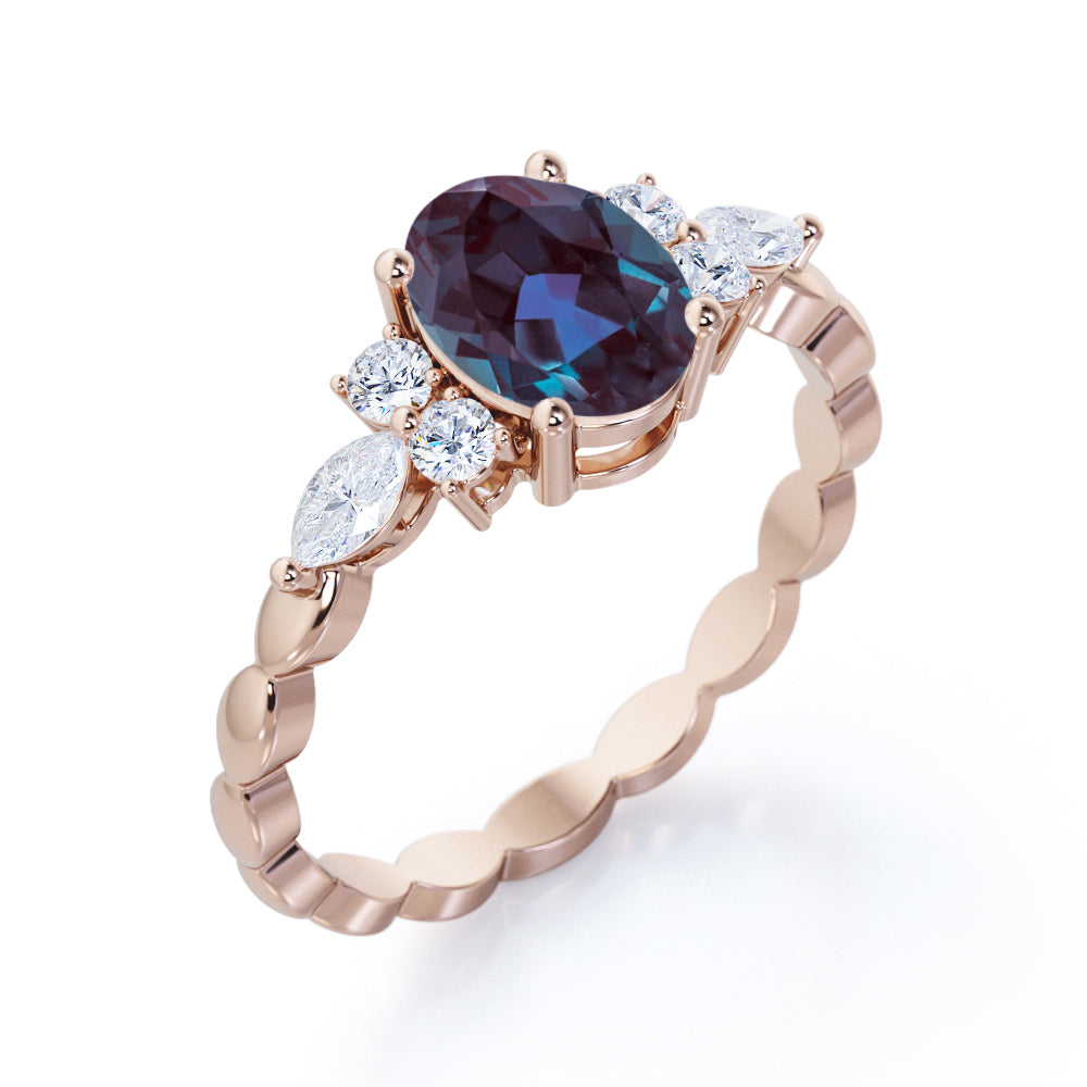 Scalloped bands 1.1 carat Oval cut Lab made Alexandrite and diamond prong style setting engagement ring in White gold