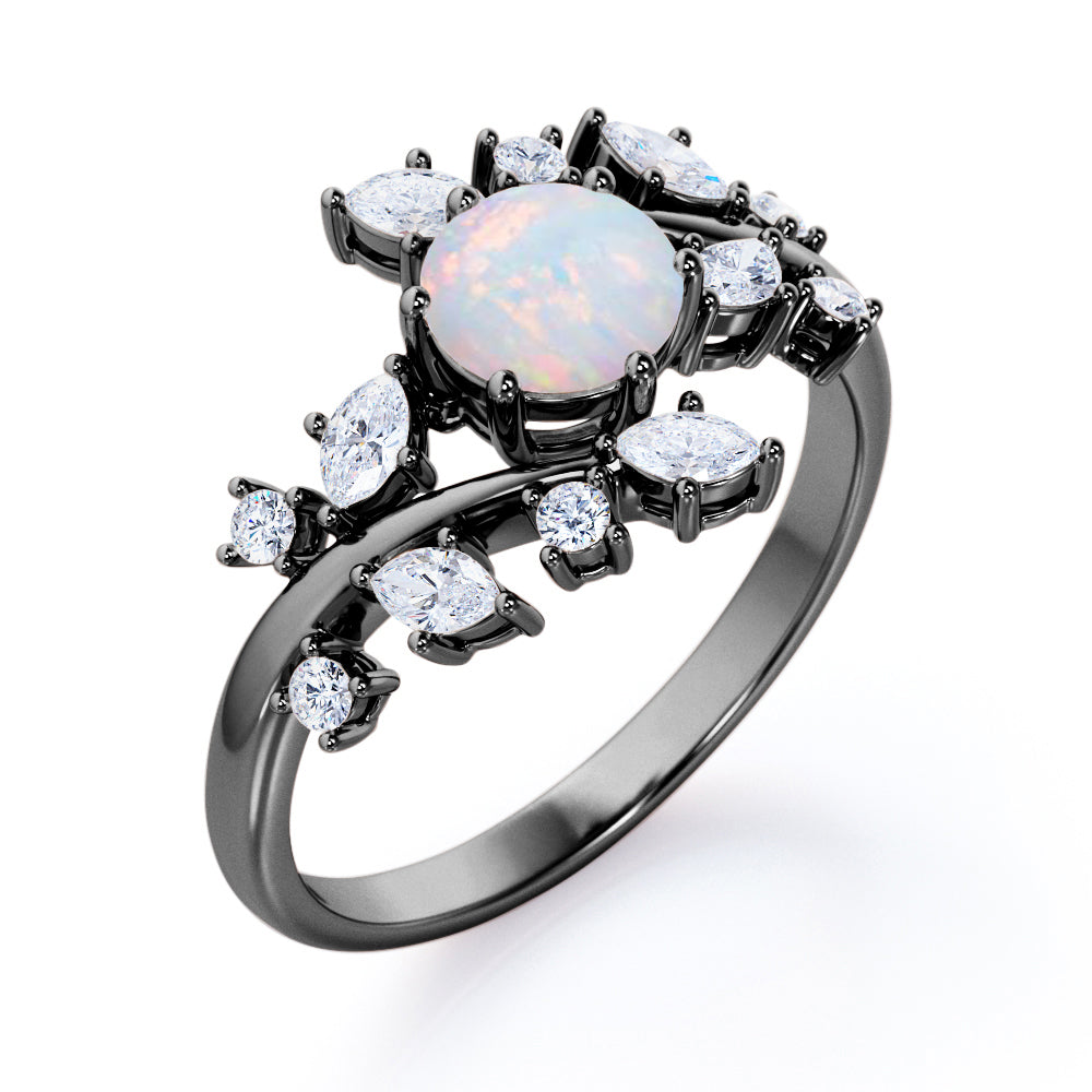 Nature style 1.25 carat Round cut Ethiopian Opal and diamond earthy engagement ring in Black gold