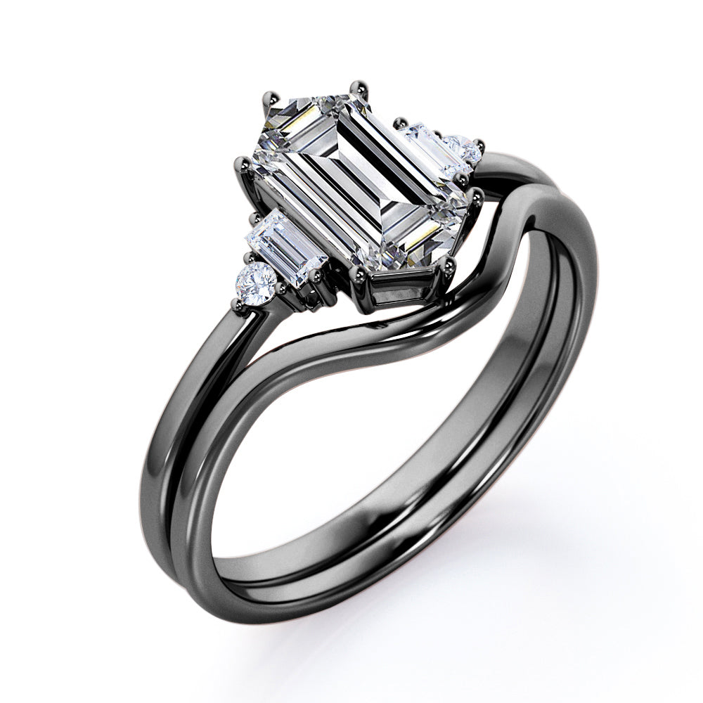 Geometric 1.1 carat Hexagon shaped Moissanite and diamond 6 prong wedding ring set in White gold