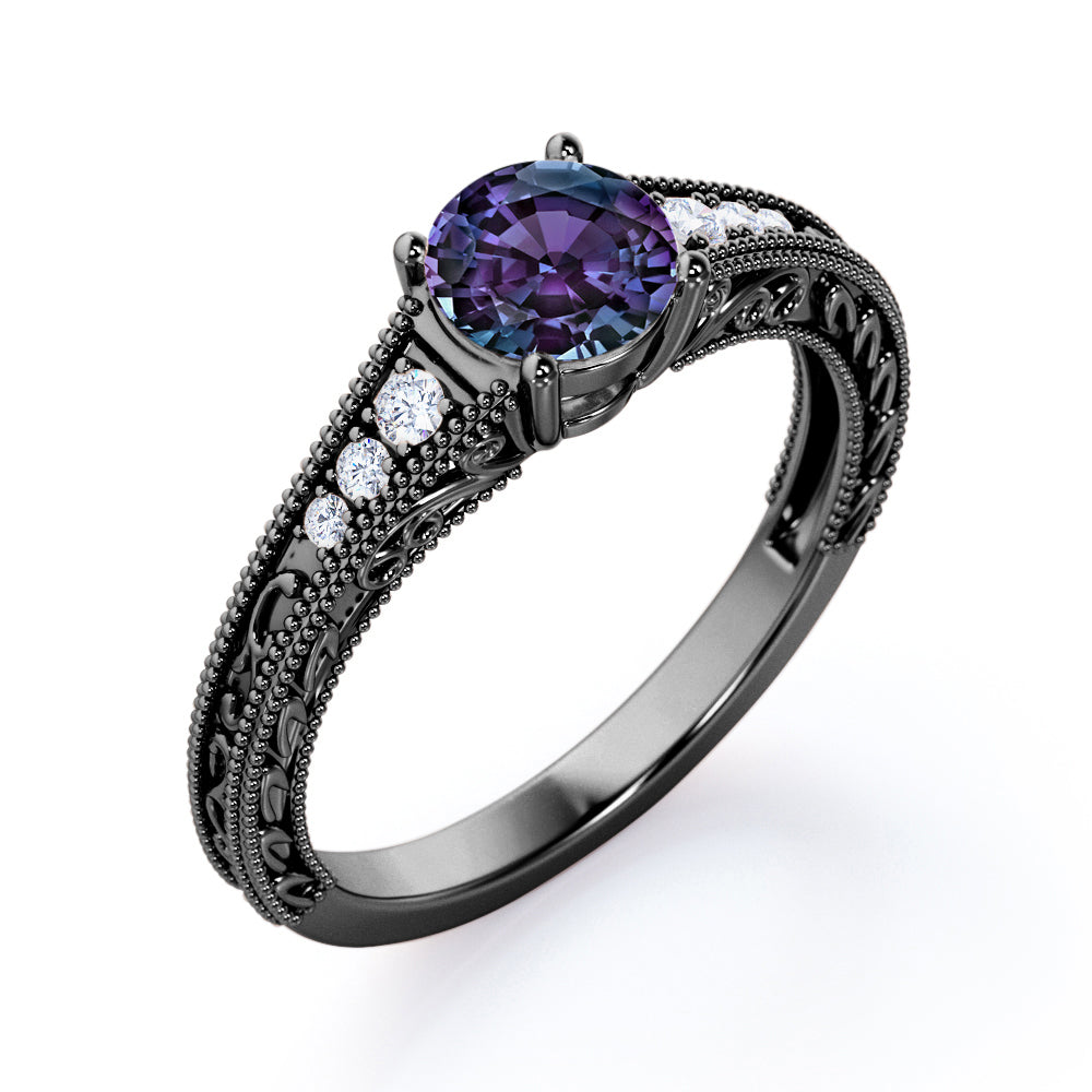 Antique art nouveau 1.1 carat Round cut Synthetic Alexandrite and diamond engagement ring in Rose gold