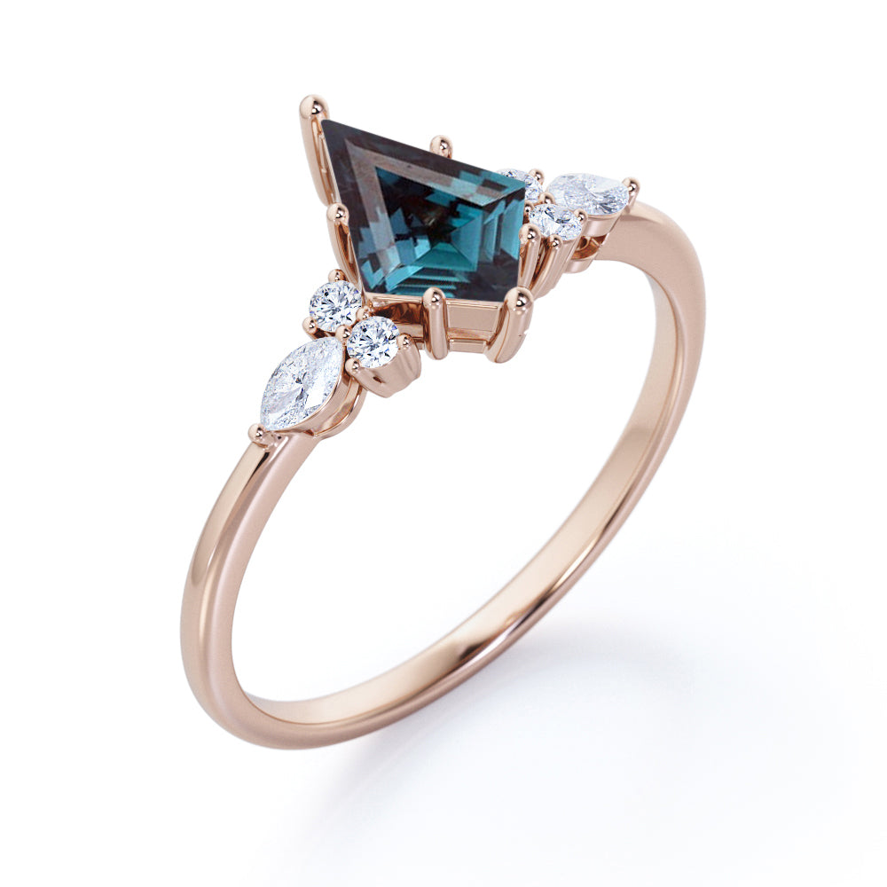 Modern Seven stone 1.1 carat Kite shaped Lab created Alexandrite and diamond six prong style engagement ring for her in White gold