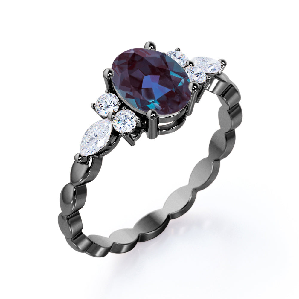 Scalloped bands 1.1 carat Oval cut Lab made Alexandrite and diamond prong style setting engagement ring in White gold