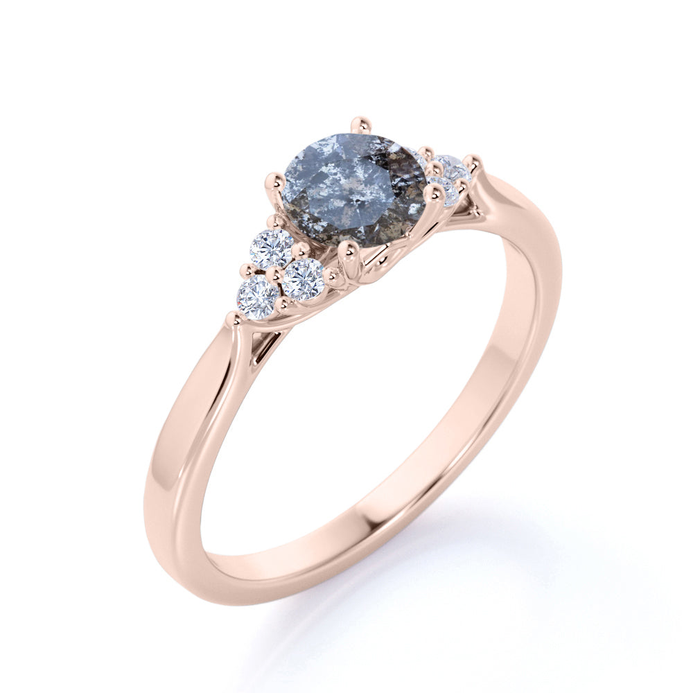 Classic 7 Stone 0.45 carat Round Shaped Salt and Pepper Diamond and White Diamond Plain shank Classic Engagement Ring in Rose Gold