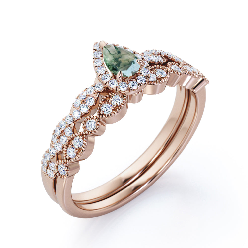 Infinity Halo 1.1 carat Pear cut Moss Green Agate and diamond bridal set for her in White gold