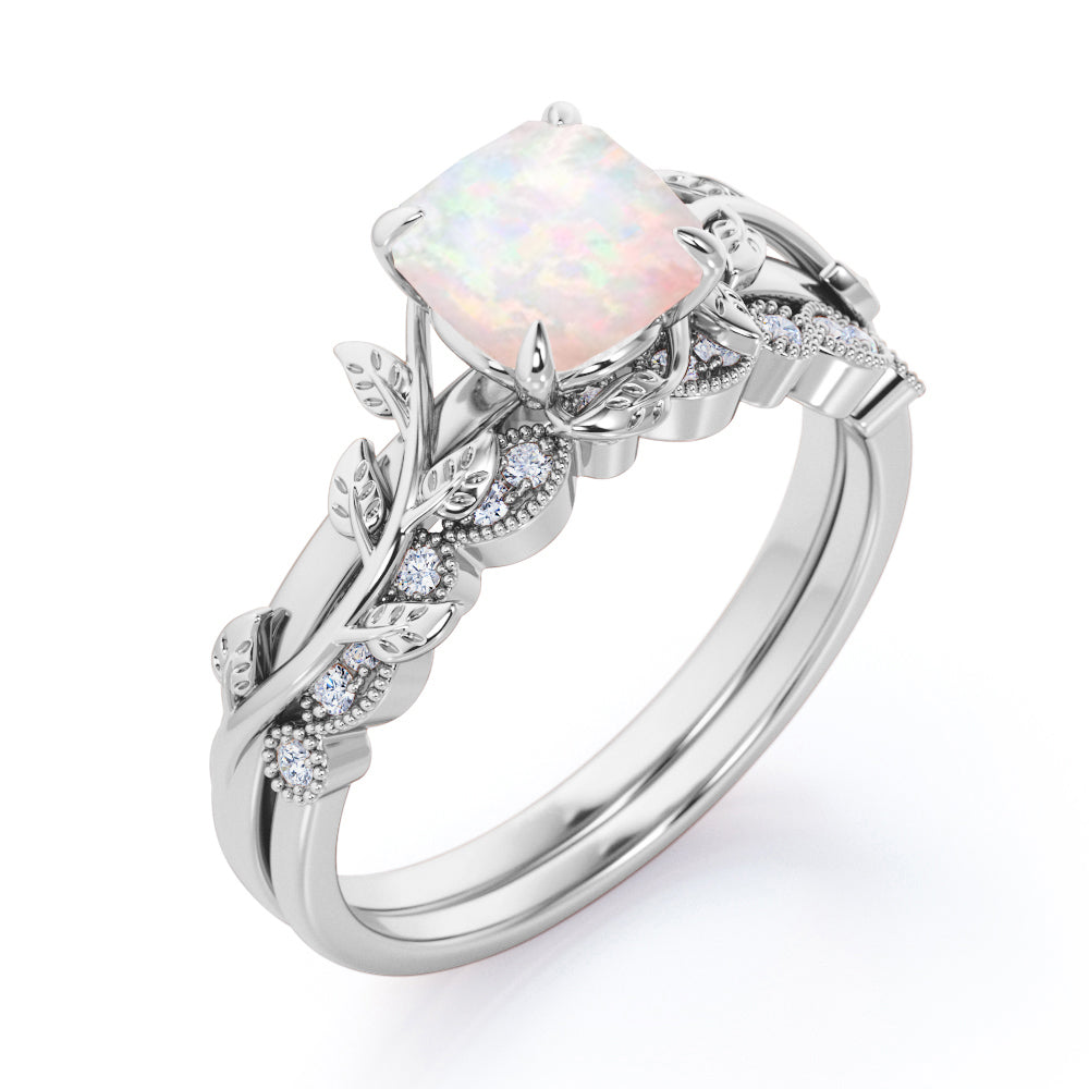 Branch-leaf inspired 1.15 carat Cushion cut Fire Opal and diamond Milgrain Wedding ring set in gold