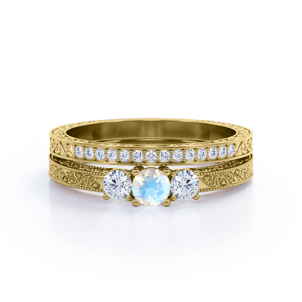 Past Present future 1.25 carat Round cut Vintage art deco Moonstone and diamond wedding ring set for her