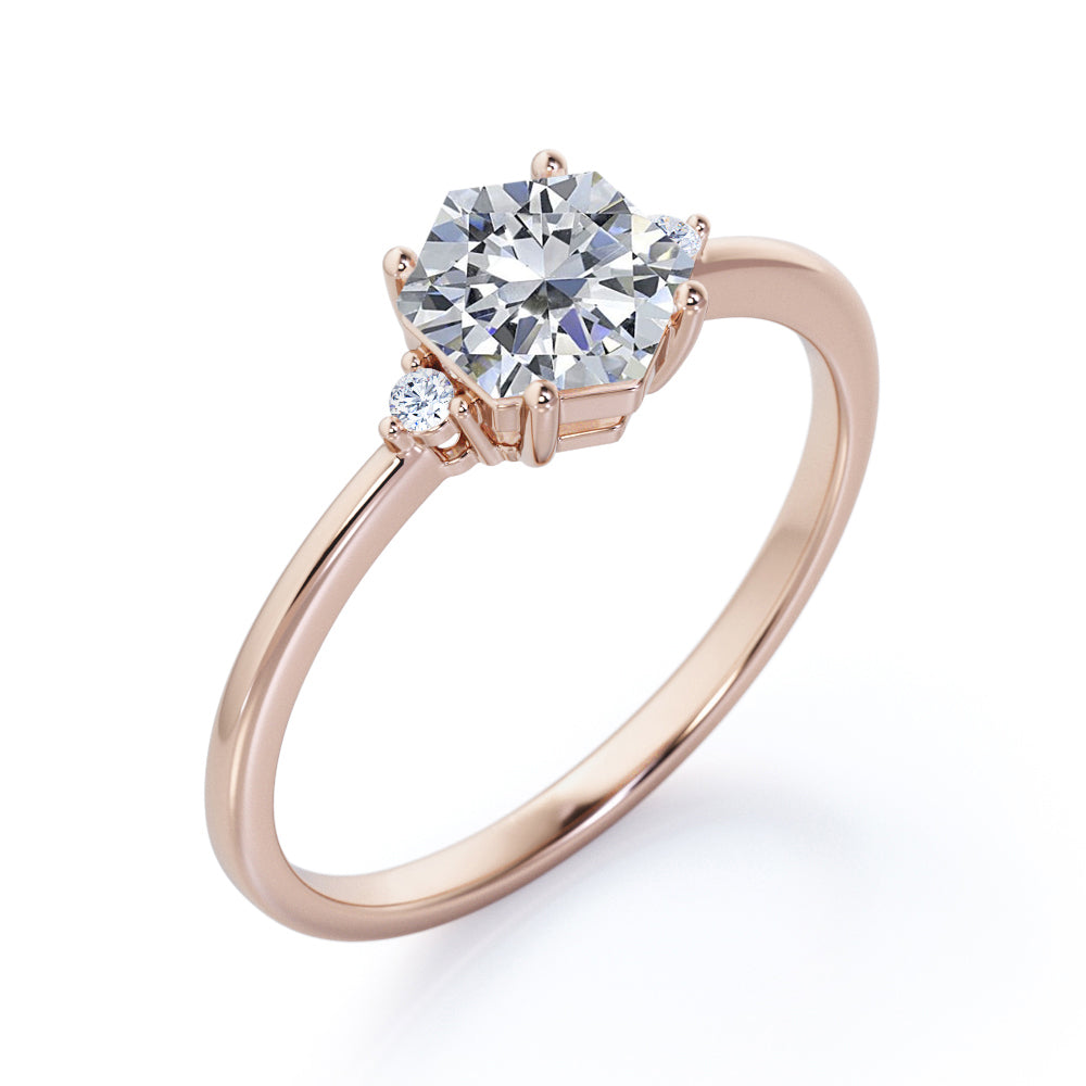 Triple stone 1 carat Hexagon cut Moissanite and diamond engagement ring in White gold