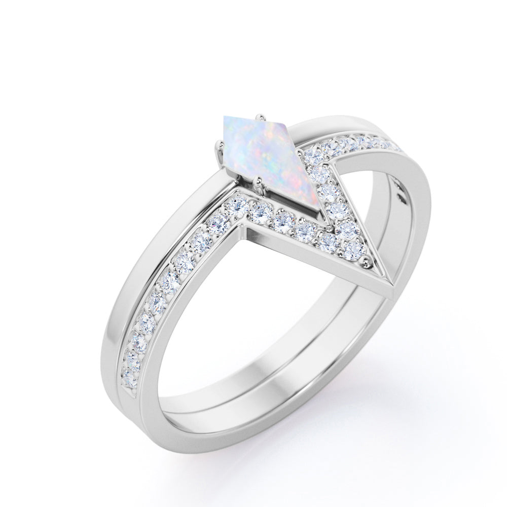 Plain Shank 1.30 carat Kite shaped Opal and pave diamonds Channel setting engagement ring in Yellow gold