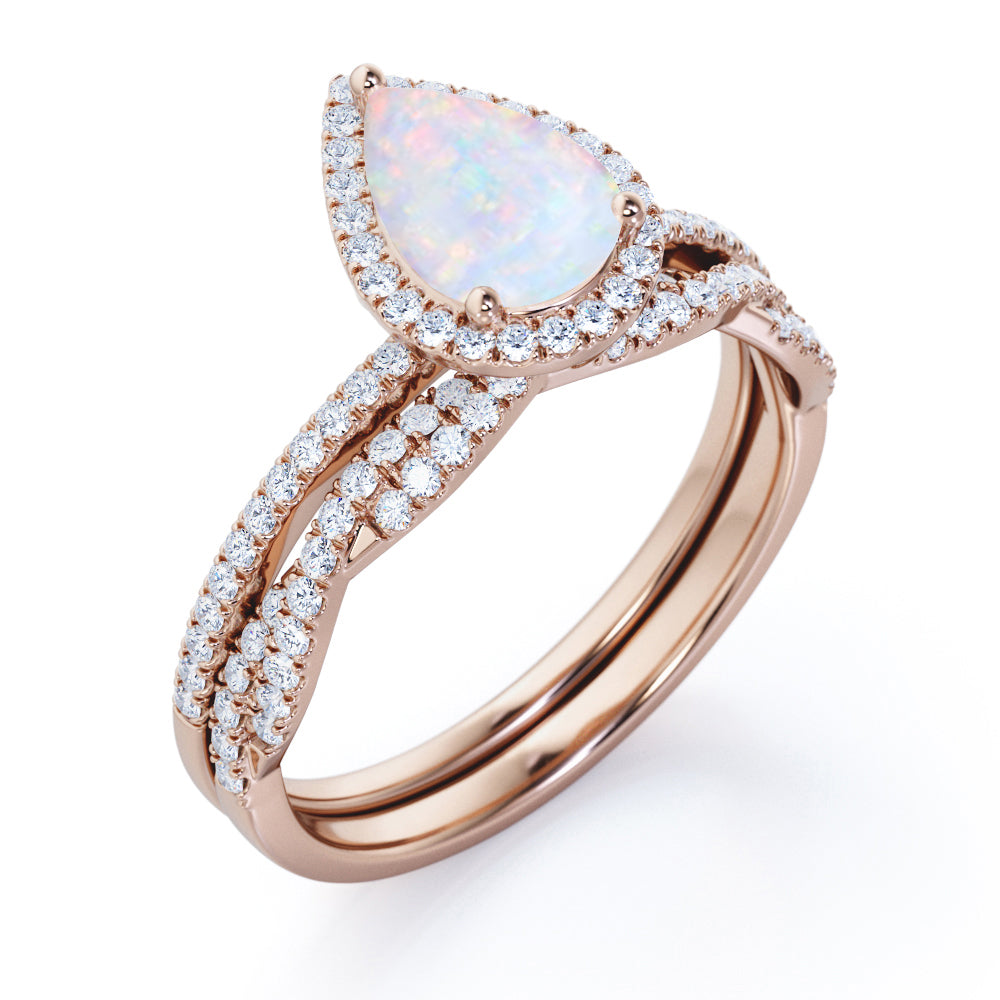 Unique 1.7 carat Pear cut Solid welo Opal and diamond Halo Bridal ring set in White gold