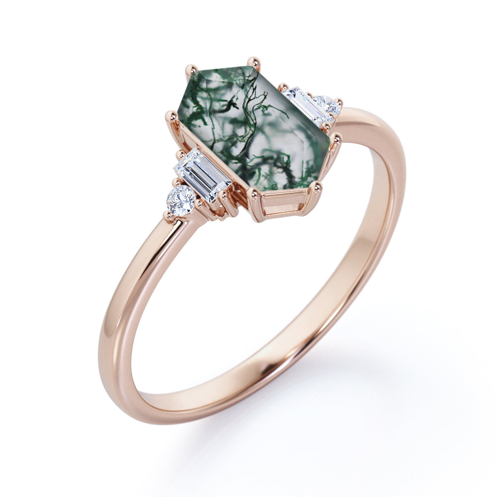 Eccentric 5 stones 1.1 carat Hexagon shaped Moss Green Agate and diamond anniversary ring in White gold