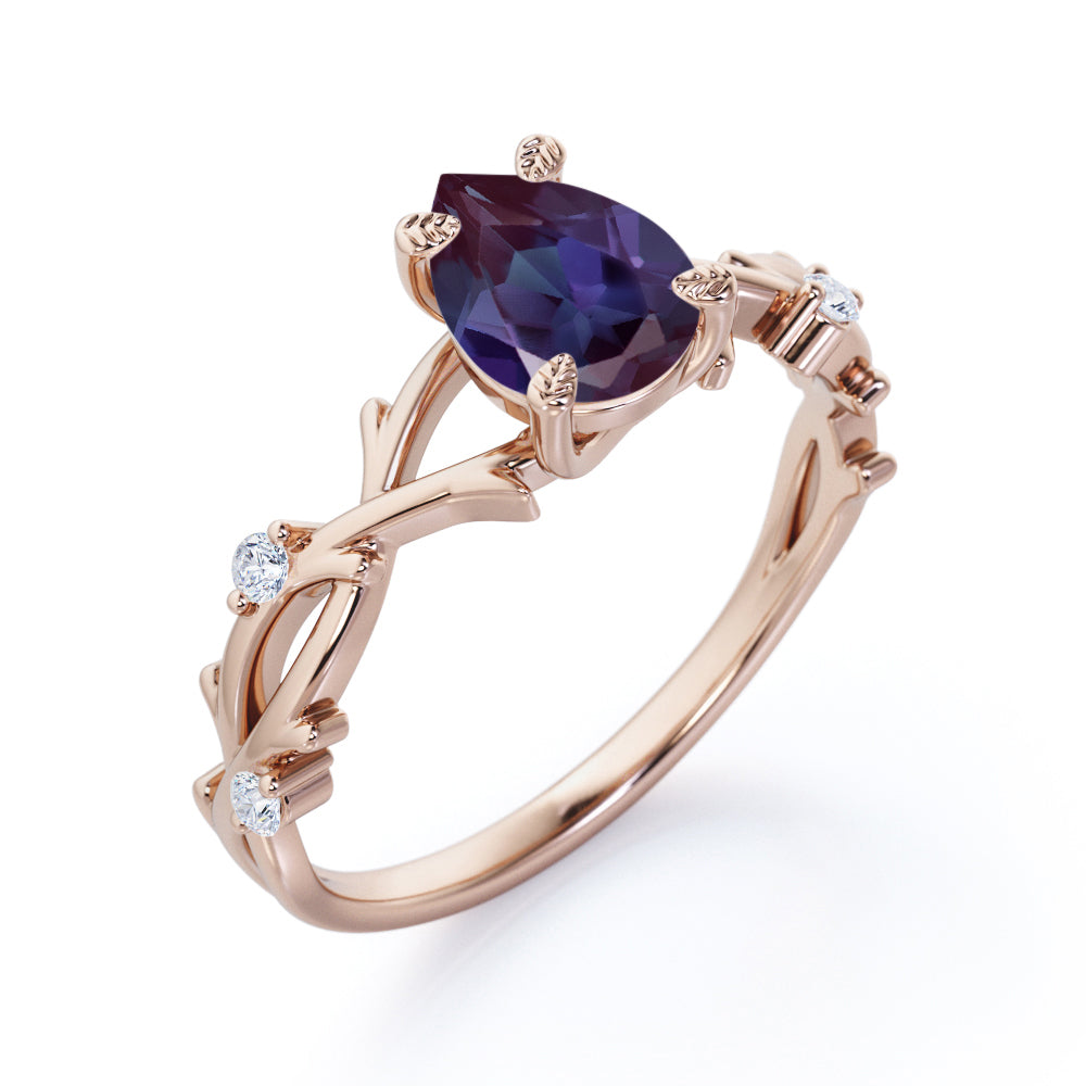 Modern Floral Branches 1 carat Pear shaped Alexandrite and diamond engagement ring for women in Black gold