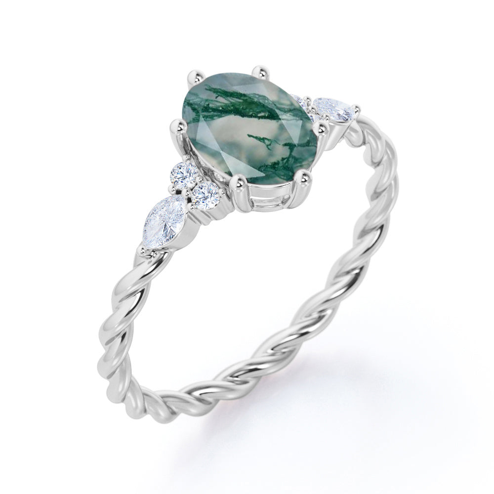 Vintage Braided 1.1 carat Oval cut Moss Green Agate and diamond infinity prong engagement ring in Black gold