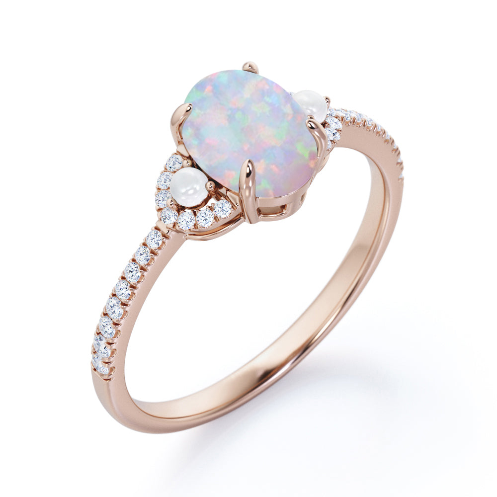 Exquisite Freshwater pearl 1.45 carat Oval cut Ethiopian Opal and diamond claw prong wedding ring set for her in Rose gold