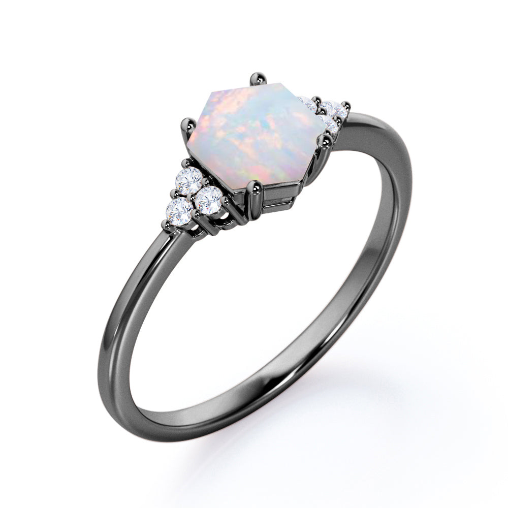 Geometric seven stone 1 carat Hexagon cut Opal and diamond basket set artisan engagement ring in Rose gold