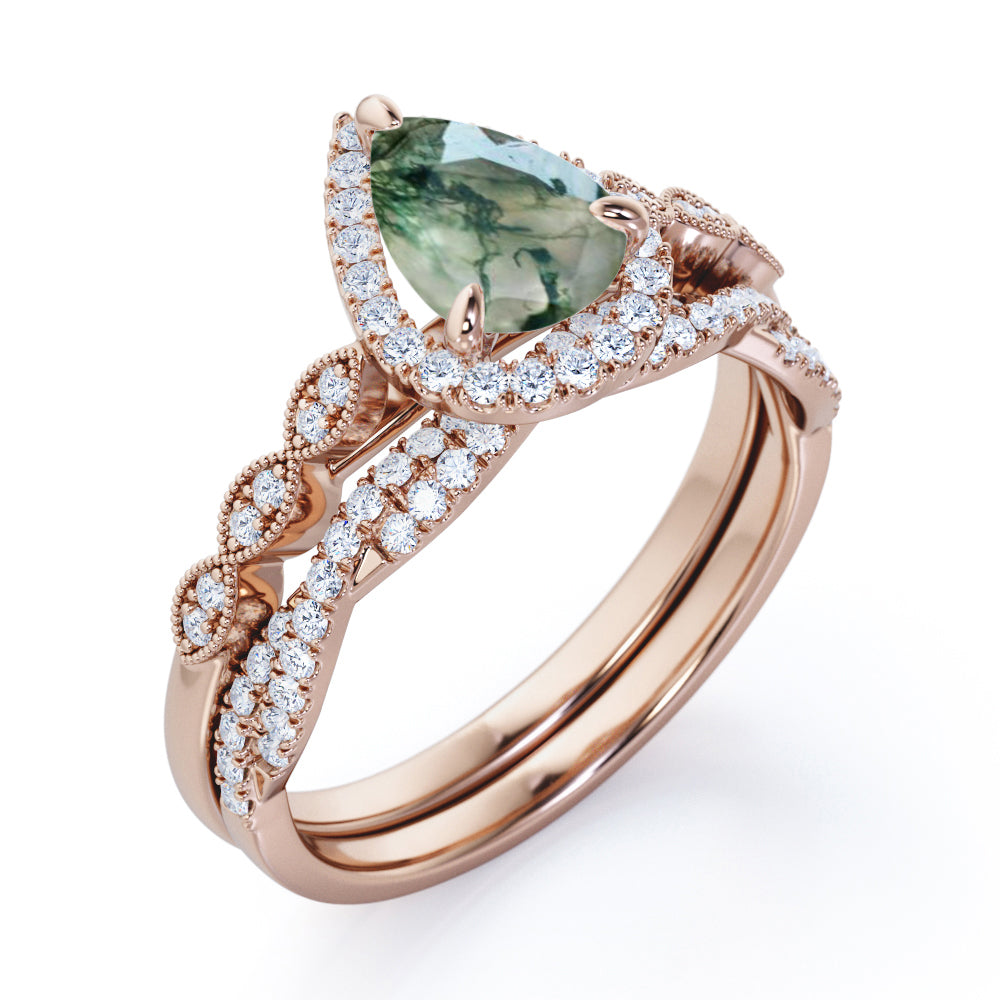 Eccentric Milgrain round 1.75 carat Pear cut Moss Green Agate and diamond Infinity Vintage Bridal ring set in White gold
