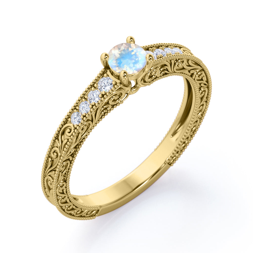Edwardian Filigree 0.7 carat Round cut Moonstone and diamond-vintage Bead décor-anniversary ring for women in White gold