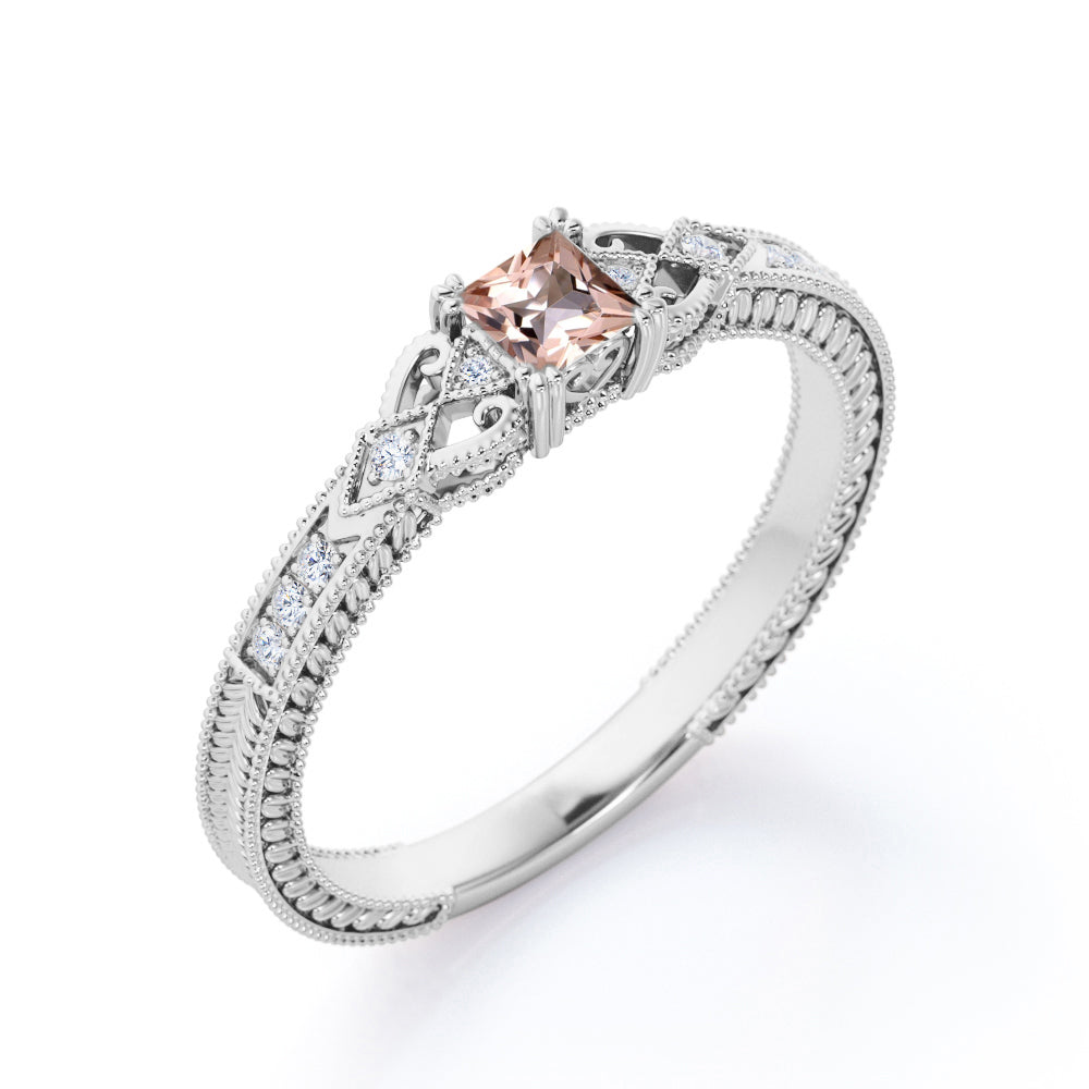 Exquisite leaf filigree and Milgrain 0.75 carat Princess cut intricate engagement rings in rose gold