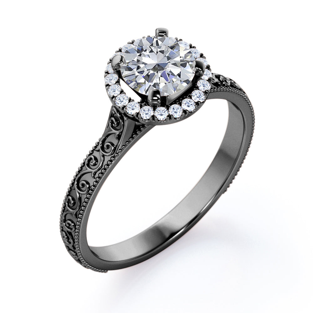 Filigree engraved 1.15 carat Round cut Moissanite and diamond Edwardian engagement ring in Rose gold