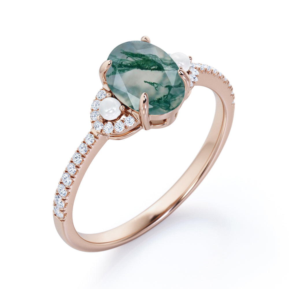 Eternity Pave 1.35 carat Oval shaped Moss Green Agate and diamond with freshwater pearl promise ring in White gold