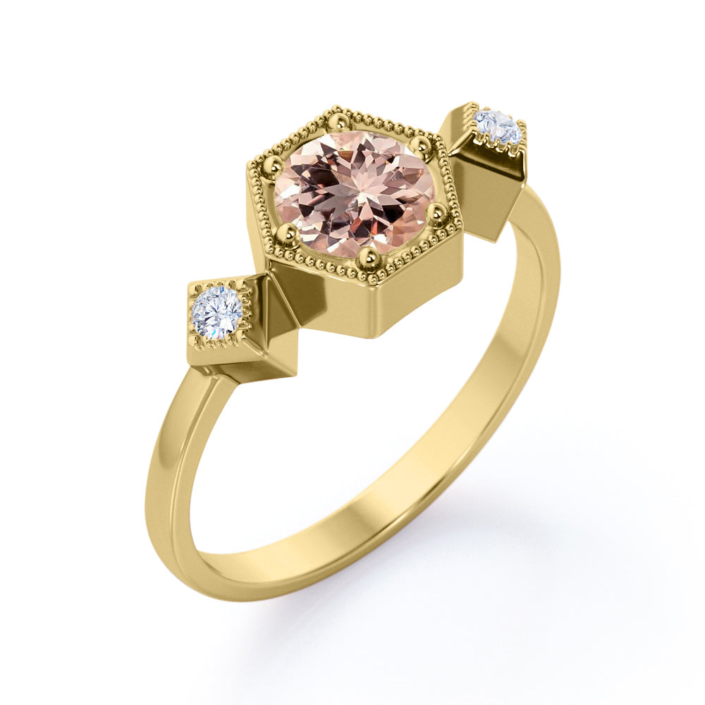 Classic Trinity 1.1 carat Round cut Peach pink Morganite and diamond petite milgrain engagement ring in White gold