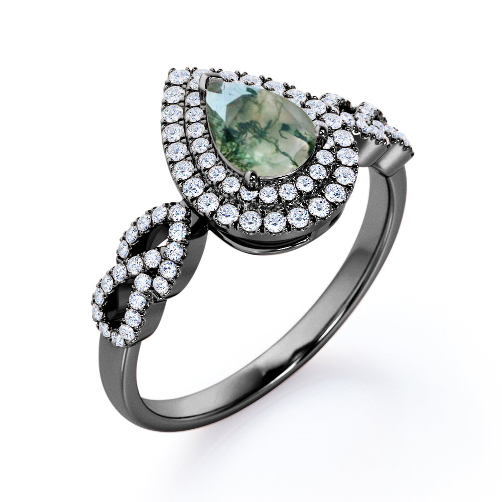 Floral infinity 1.7 carat Pear cut Moss Green Agate and diamond double halo engagement ring in White gold