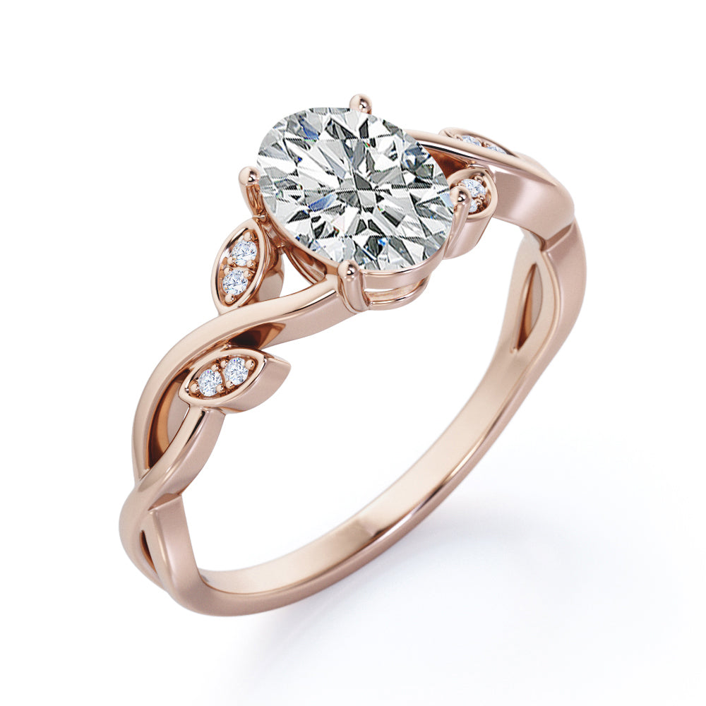 Twisted Vine 1.1 carat Oval cut Moissanite and diamond marquise bezel engagement ring in White gold