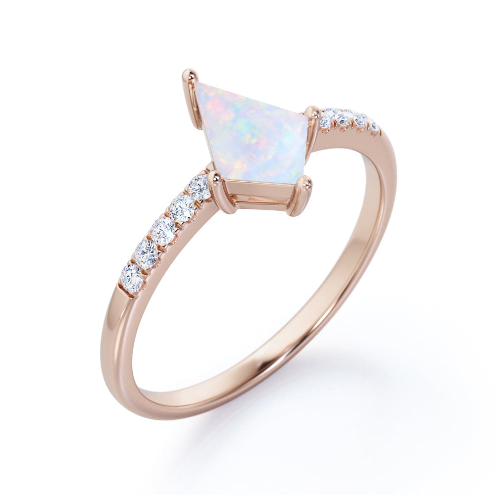 Authentic Basket set 1.2 carat Kite shaped Welo Opal and diamond vintage style engagement ring in White gold