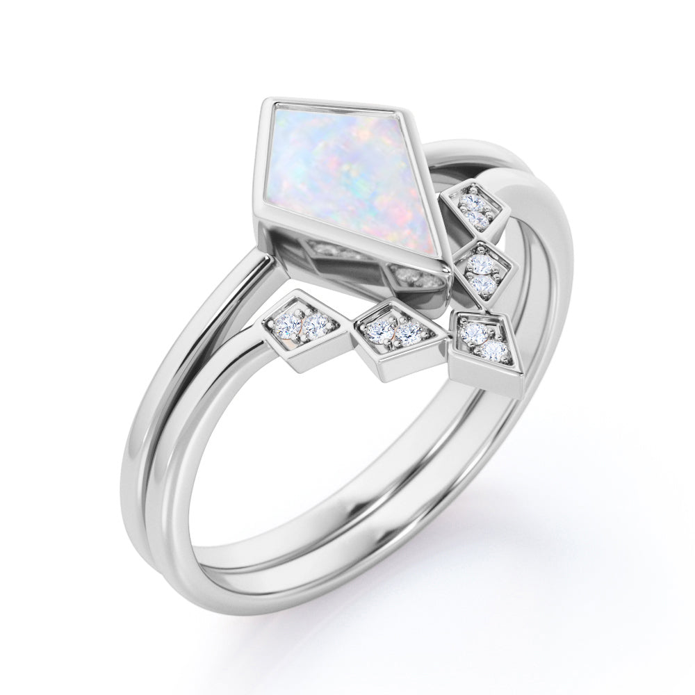 Delicate Chevron 1.15 carat Kite shaped Opal and diamond pinched shank Wedding ring set in White gold