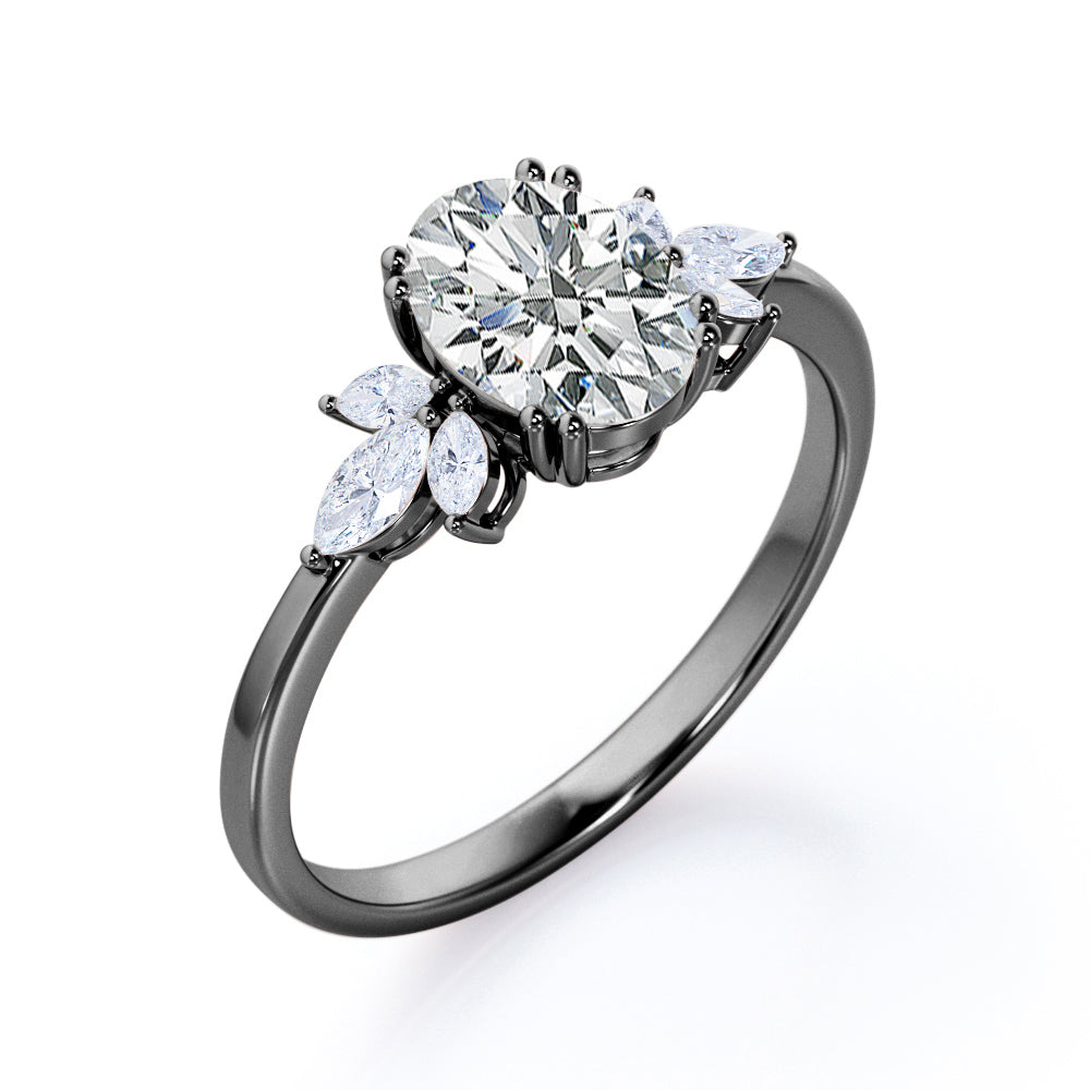 Double Prong setting 1.1 carat Oval cut Moissanite and marquise diamonds tapered engagement ring in White gold