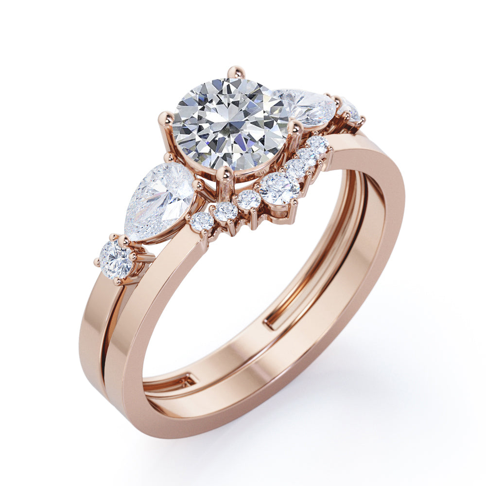 Vintage Tiara inspired 1.2 carat Round cut Moissanite and diamond wedding ring set in white gold