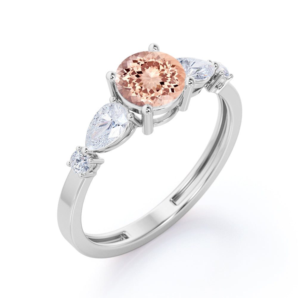 5 lucky stones 1.2 carat Round cut Peach Morganite and diamond antique engagement ring in Rose gold