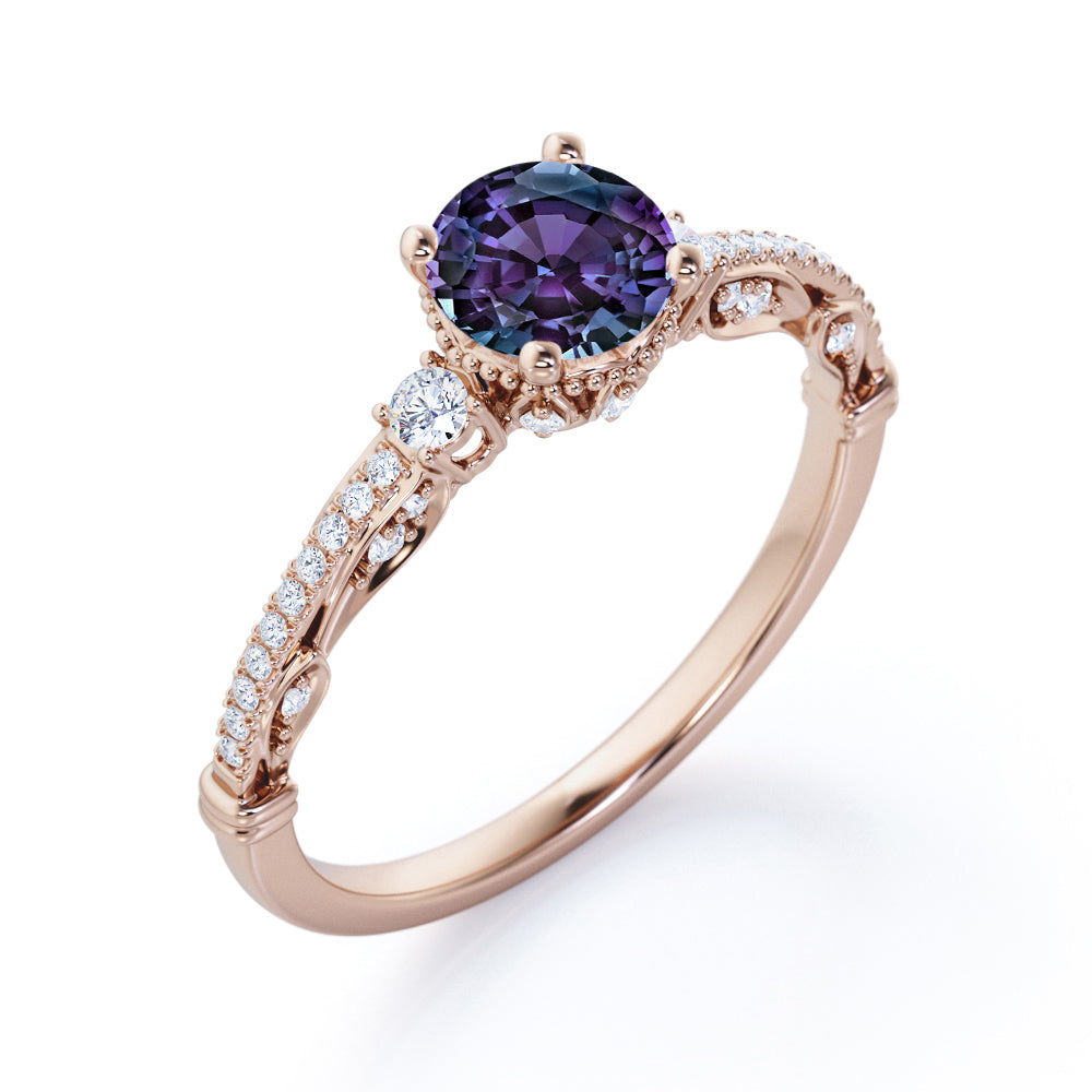 Authentic Scrollwork 1.35 carat Round cut Lab made Alexandrite and diamond eternity engagement ring in Black gold