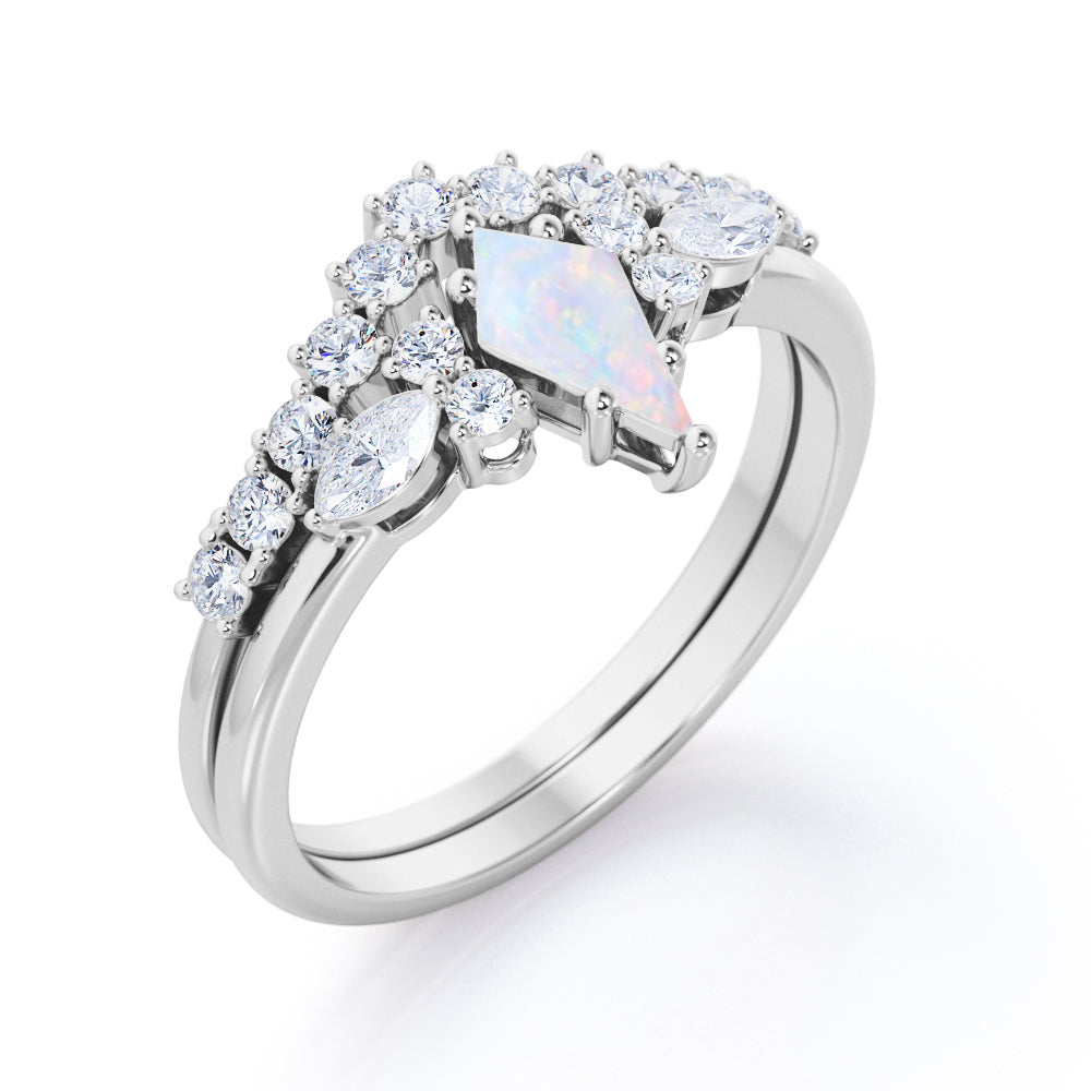 Contoured Bar set 1.2 carat Kite shaped Opal and diamond art deco inspired wedding ring set in White gold