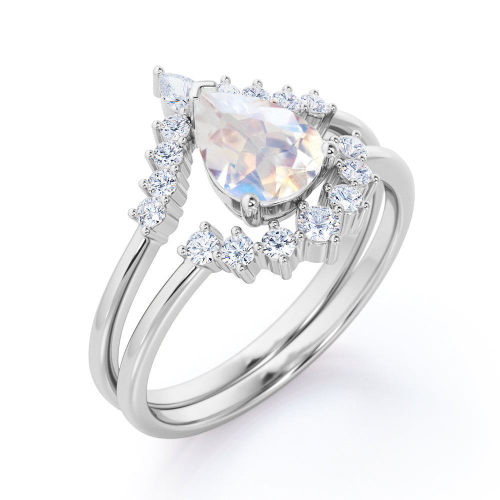 Artisan 1.45 carat Brilliant Pear Blue Moonstone and diamond contoured wedding ring set for women in Rose gold