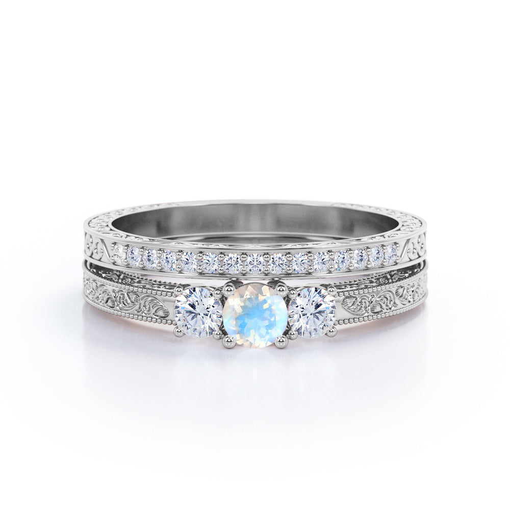 Past Present future 1.25 carat Round cut Vintage art deco Moonstone and diamond wedding ring set for her