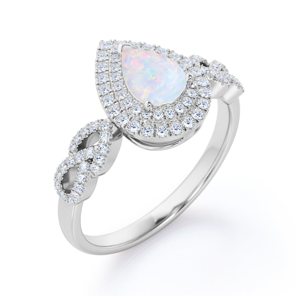 Antique Art inspired 1.8 carat Tear drop shape Ethiopian Opal and diamond double halo engagement ring for women in gold