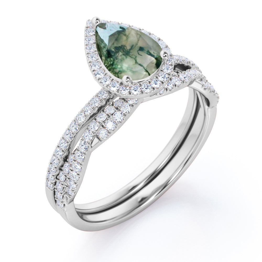 Exquisite Artdeco 1.75 carat Pear cut Moss Green Agate and diamond Half-infinity Bridal set in gold