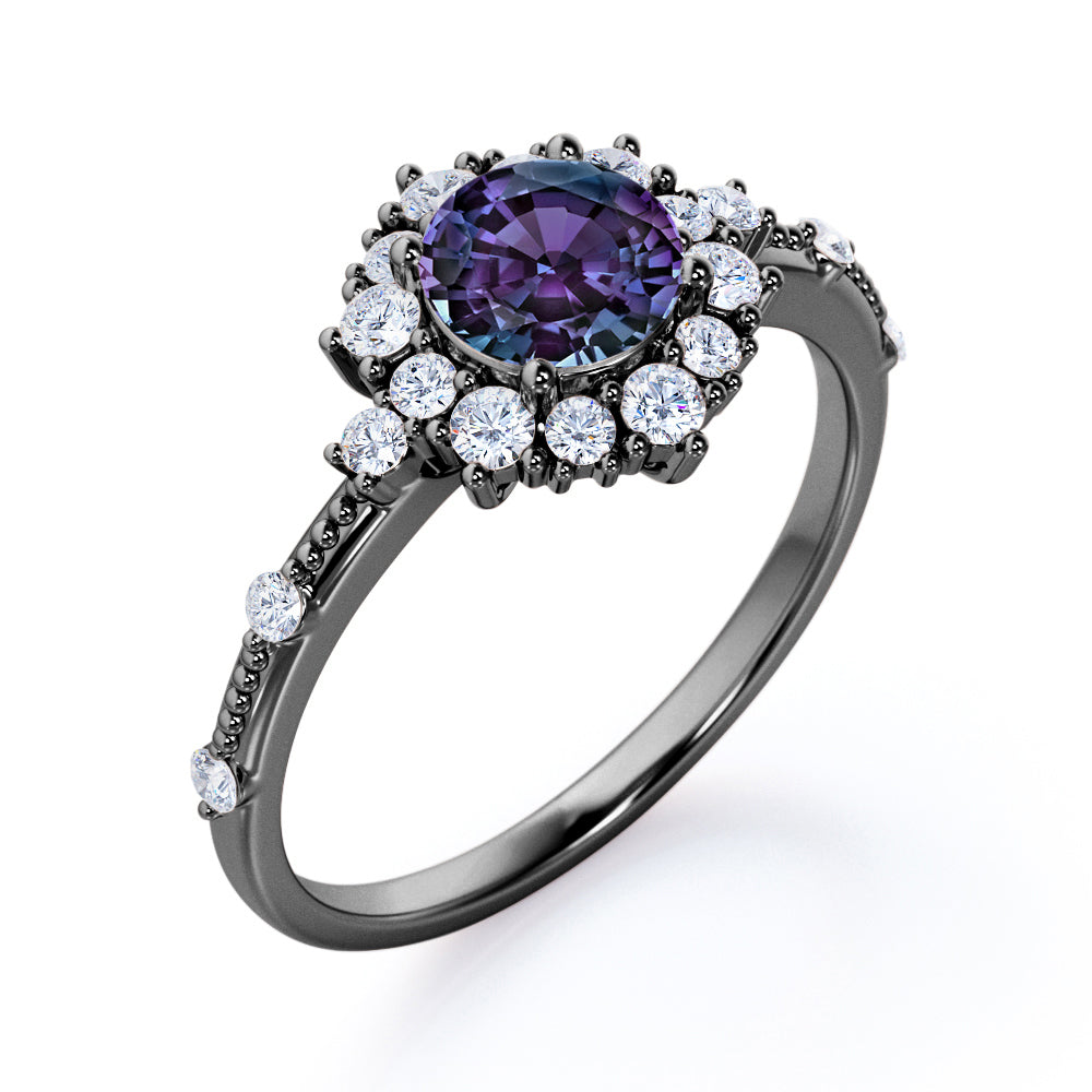 Antique Snowflake Halo 1.35 carat Round cut Synthetic Alexandrite and diamond vintage bead décor engagement ring in Black gold