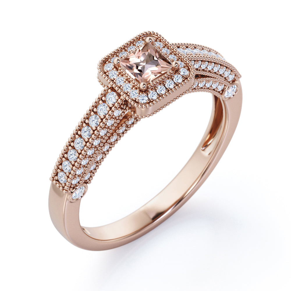 Vintage Beaded 1 carat Princess cut Morganite and diamond engagement ring for women in White gold